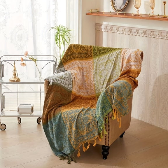 Bohemian Chenille Throw Blanket - Colorful Paisley & Floral Pattern - Machine Washable for Couch/Bed - All-Season Decor with Tassels