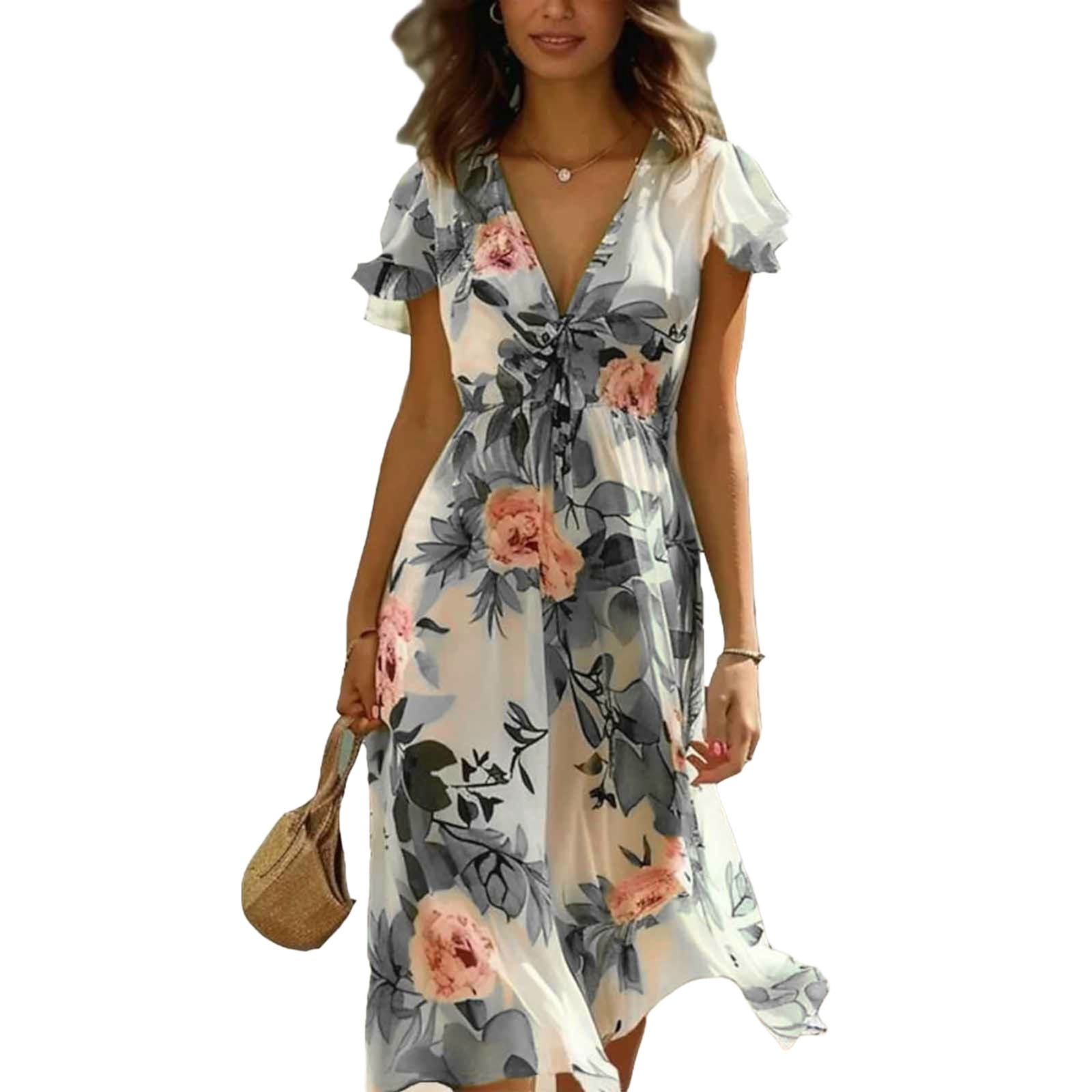 Bohemian Chiffon Flowy Dress for Women Summer Elegant Floral Print V Bohemian Chiffon Flowy Dress for Women Summer Elegant Floral Print V