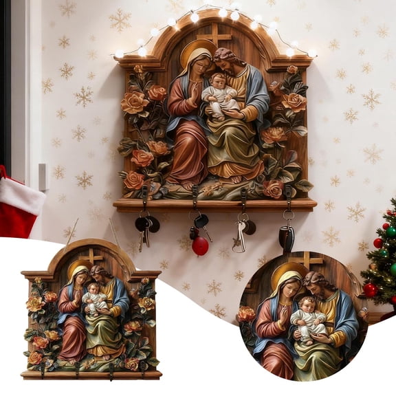 Bohemian Christmas Wall Hanging Art, 1 Count, 11.8 x 11.8 Inch, Wooden Festive Decor with Hooks, Holiday Key Rack for Living Room, Boho Seasonal Ornament Holder for Modern Home Entryway