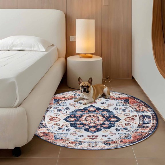 Bohemian Circular 3ft Round Rug for Bathroom Accent Bedside Corner, Ethnic Style Retro Orange Blue Pattern Washable Non Slip Circle Area Rug for Small Spaces