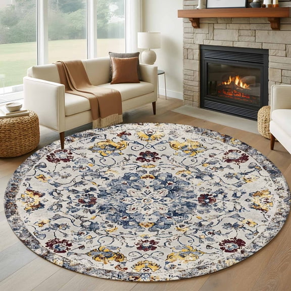 Bohemian Circular 7ft Round Rug for Living Room Conversation Area, Blue Grey Vintage Ethnic Style Texture Washable Non Slip Large Circle Area Rug