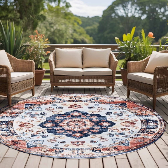 Bohemian Circular 8ft Round Rug for Open Concept Living Room Seating Zone, Ethnic Style Retro Orange Blue Pattern Washable Non Slip Large Circle Area Rug
