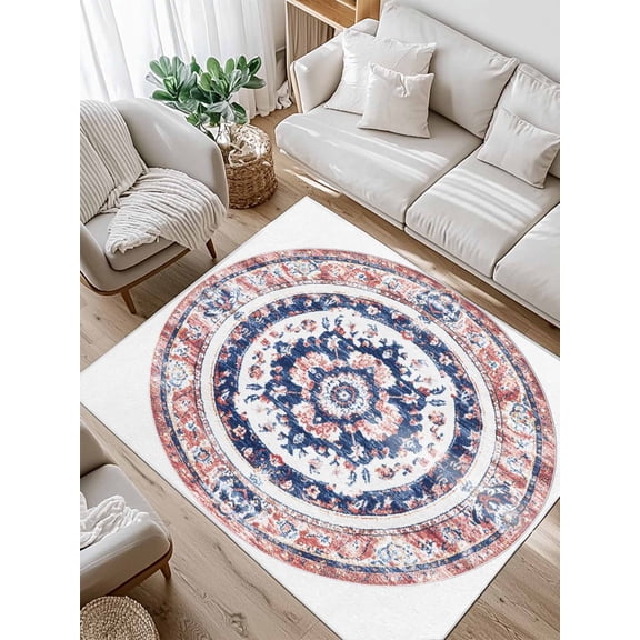 Bohemian Circular Area Rug for Bedroom 2.7x5 Ft Ethnic Style Vintage Red Blue Texture Super Soft fuzzy Throw Rug Non-Slip Fluffy Plush Indoor Floor Carpet for Living Room Nursery Home Decor