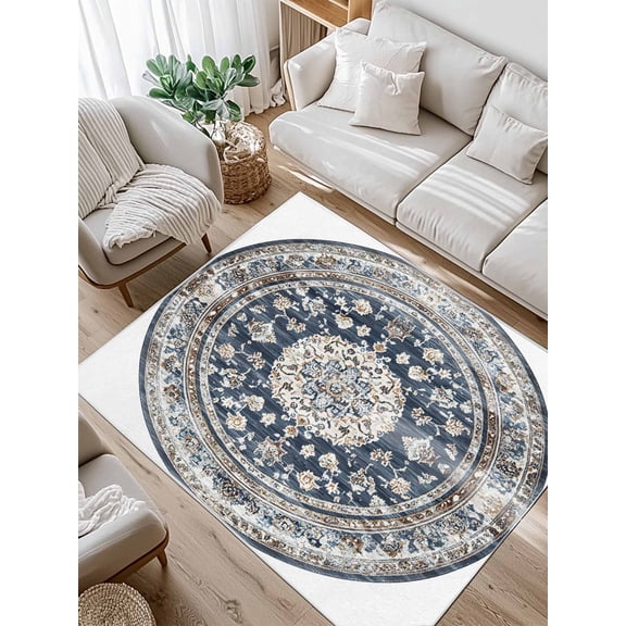 Bohemian Circular Area Rug for Bedroom 2.7x5 Ft Vintage Ethnic Style Brown Blue Texture Super Soft fuzzy Throw Rug Non-Slip Fluffy Plush Indoor Floor Carpet for Living Room Nursery Home Decor