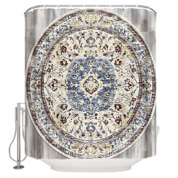 Bohemian Circular Shower Curtain, 36" x 72", Ethnic Style Vintage Green Beige Texture Waterproof Bathroom Curtain Washable Shower Curtain Set with 12 Hooks