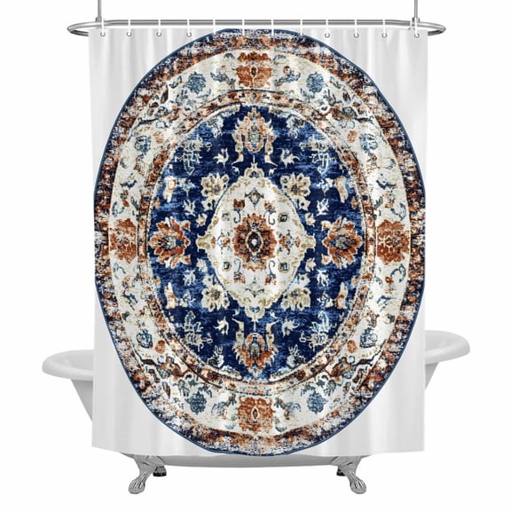 Bohemian Circular Shower Curtain for Bathroom, Blue Brown Vintage Ethnic Style Texture Waterproof Cloth Fabric Bathroom Accessories Set with 12 Rust Proof Plastic Hooks, 72"x72"