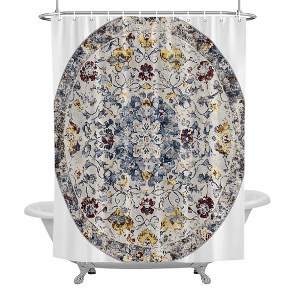 Bohemian Circular Shower Curtain for Bathroom, Blue Grey Vintage Ethnic Style Texture Waterproof Cloth Fabric Bathroom Accessories Set with 12 Rust Proof Plastic Hooks, 36"x78"