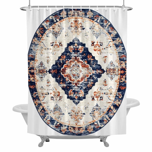 Bohemian Circular Shower Curtain for Bathroom, Blue Red Vintage Ethnic Style Texture Waterproof Cloth Fabric Bathroom Accessories Set with 12 Rust Proof Plastic Hooks, 36"x78"