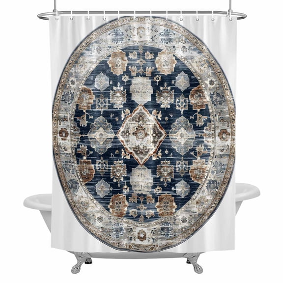 Bohemian Circular Shower Curtain for Bathroom, Brown Blue Ethnic Style Vintage Texture Waterproof Cloth Fabric Bathroom Accessories Set with 12 Rust Proof Plastic Hooks, 36"x72"