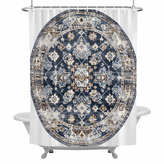 Bohemian Circular Shower Curtain for Bathroom, Ethnic Style Vintage Blue Beige Texture Waterproof Cloth Fabric Bathroom Accessories Set with 12 Rust Proof Plastic Hooks, 72"x72"