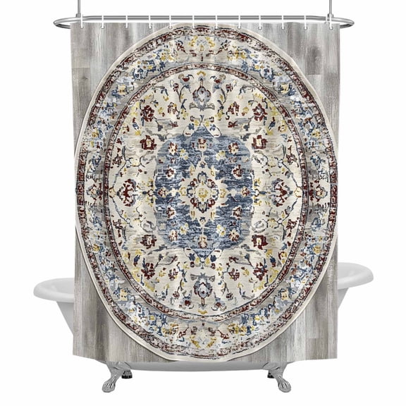 Bohemian Circular Shower Curtain for Bathroom, Ethnic Style Vintage Green Beige Texture Waterproof Cloth Fabric Bathroom Accessories Set with 12 Rust Proof Plastic Hooks, 72"x72"