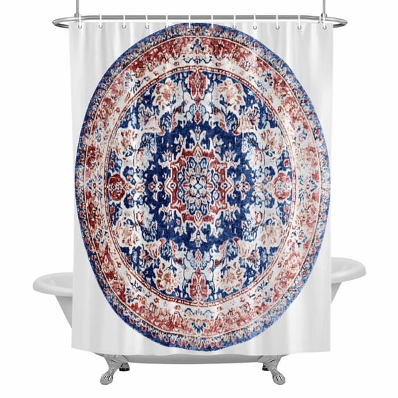 Bohemian Circular Shower Curtain for Bathroom, Ethnic Style Vintage Orange Blue Texture Waterproof Cloth Fabric Bathroom Accessories Set with 12 Rust Proof Plastic Hooks, 36"x72"