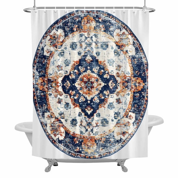 Bohemian Circular Shower Curtain for Bathroom, Orange Blue Vintage Ethnic Style Pattern Waterproof Cloth Fabric Bathroom Accessories Set with 12 Rust Proof Plastic Hooks, 72"x72"