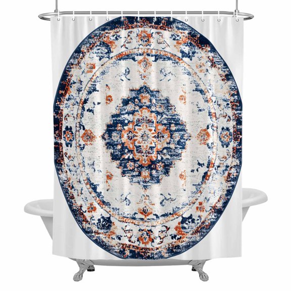 Bohemian Circular Shower Curtain for Bathroom, Retro Blue Red Ethnic Style Pattern Waterproof Cloth Fabric Bathroom Accessories Set with 12 Rust Proof Plastic Hooks, 36"x72"