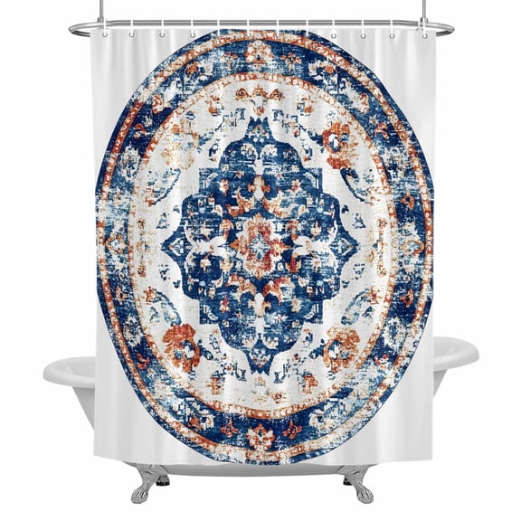 Bohemian Circular Shower Curtain for Bathroom, Retro Ethnic Style Orange Blue Pattern Waterproof Cloth Fabric Bathroom Accessories Set with 12 Rust Proof Plastic Hooks, 72"x72"
