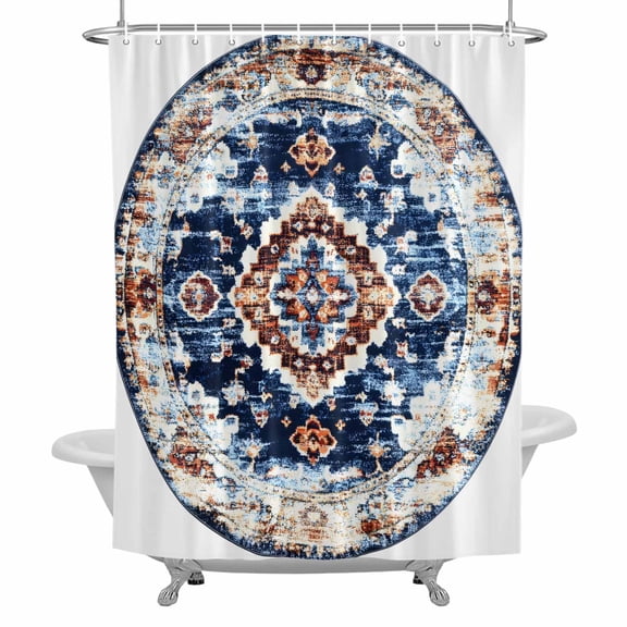 Bohemian Circular Shower Curtain for Bathroom, Retro Orange Blue Ethnic Style Pattern Waterproof Cloth Fabric Bathroom Accessories Set with 12 Rust Proof Plastic Hooks, 36"x72"