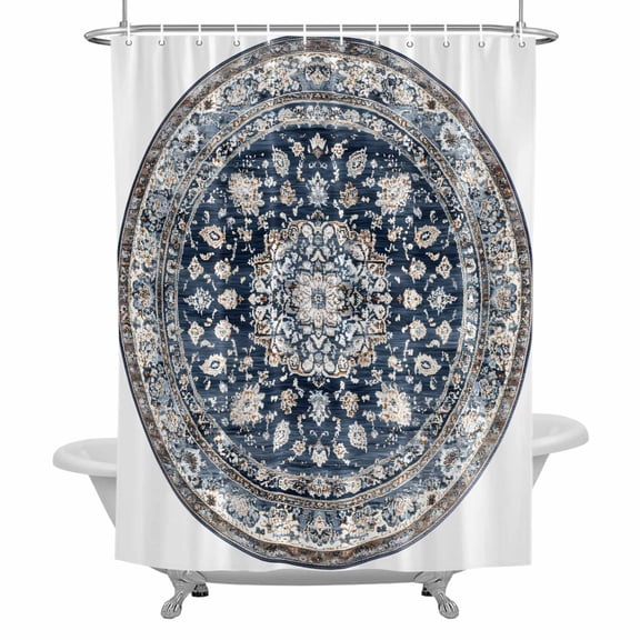 Bohemian Circular Shower Curtain for Bathroom, Vintage Blue Beige Ethnic Style Pattern Waterproof Cloth Fabric Bathroom Accessories Set with 12 Rust Proof Plastic Hooks, 72"x72"