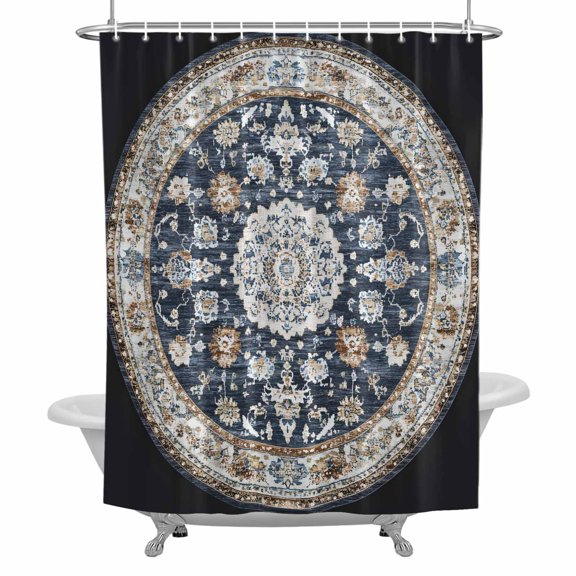 Bohemian Circular Shower Curtain for Bathroom, Vintage Blue Yellow Ethnic Style Pattern Waterproof Cloth Fabric Bathroom Accessories Set with 12 Rust Proof Plastic Hooks, 72"x72"