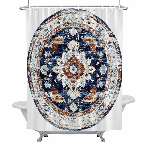 Bohemian Circular Shower Curtain for Bathroom, Vintage Ethnic Style Blue Brown Pattern Waterproof Cloth Fabric Bathroom Accessories Set with 12 Rust Proof Plastic Hooks, 72"x72"