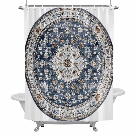 Bohemian Circular Shower Curtain for Bathroom, Vintage Ethnic Style Blue Pattern Waterproof Cloth Fabric Bathroom Accessories Set with 12 Rust Proof Plastic Hooks, 36"x78"