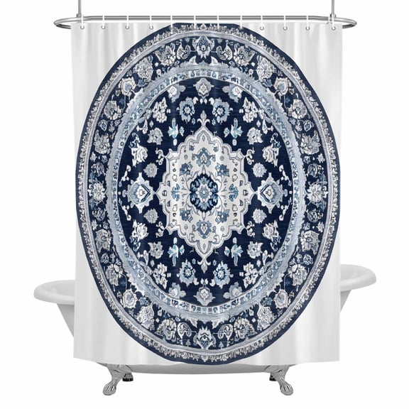 Bohemian Circular Shower Curtain for Bathroom, Vintage Ethnic Style Blue Texture Waterproof Cloth Fabric Bathroom Accessories Set with 12 Rust Proof Plastic Hooks, 72"x72"