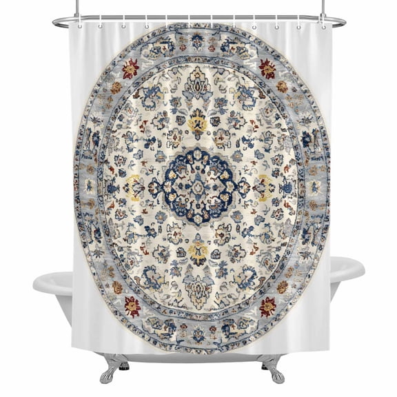 Bohemian Circular Shower Curtain for Bathroom, Yellow Grey Vintage Ethnic Style Texture Waterproof Cloth Fabric Bathroom Accessories Set with 12 Rust Proof Plastic Hooks, 72"x72"