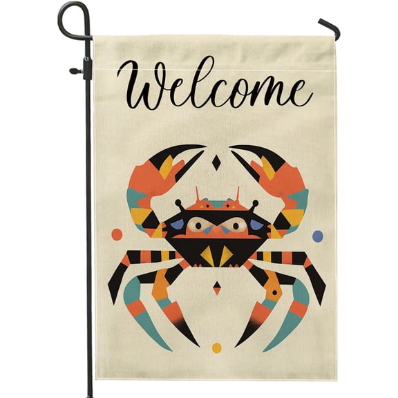 Bohemian Coastal Crab Garden Flags 12x18 Inch Double Sided for Outside, Aztec Tribal Beach Standard Burlap Lawn Flags, Ocean Life Backyard Small House Flags Outdoor Decor