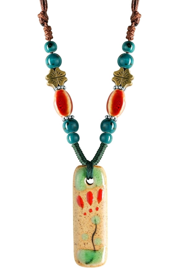 Bohemian Colorful Ceramic Bead Nature Floral Charm Pendant Necklace, Vintage Boho Jewelry Gift for Women