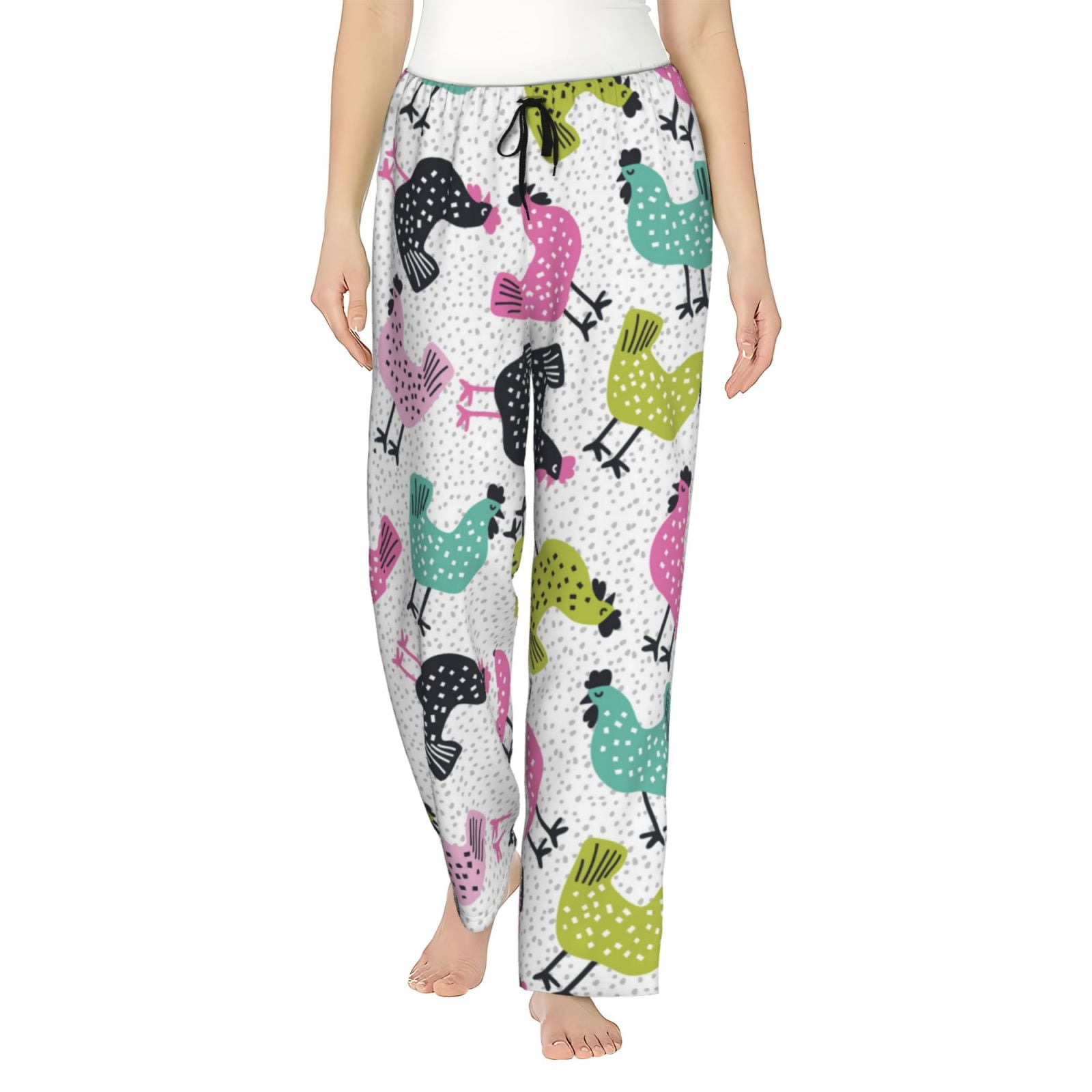 Bohemian Colorful Cute Chicken Women's Pajama Bottoms, Long Comfy