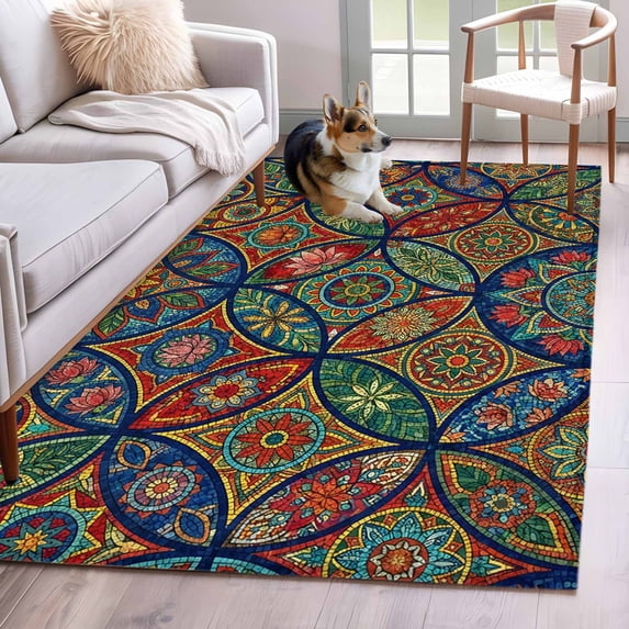 Bohemian Colorful Floral Area Rugs 3x5 ft Boho Tribal Ethnic Abstract Geometric Flower Washable Rug Non Slip Indoor Carpet Absorbent Floor Mat for Living Room Bedroom Dining Room