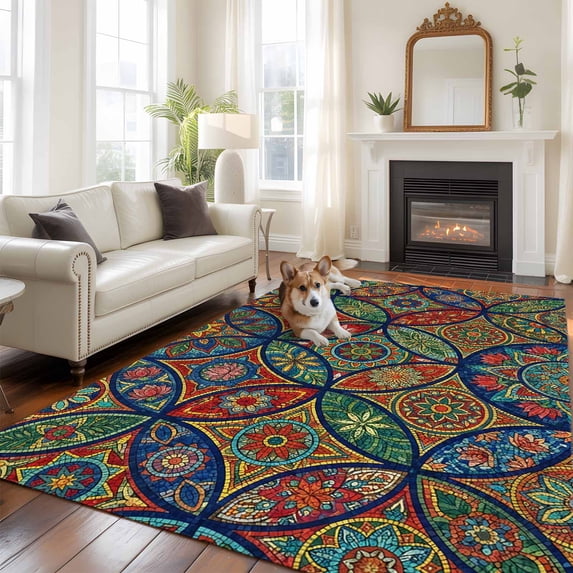 Bohemian Colorful Floral Large Area Rugs 8x10 ft Boho Tribal Ethnic Abstract Geometric Flower Washable Rug Non Slip Indoor Carpet Absorbent Floor Mat for Living Room Bedroom Dining Room