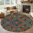 thumbnail image 1 of Bohemian Colorful Floral Round Living Room Rugs 6 ft, Boho Tribal Ethnic Abstract Geometric Flower Washable Area Rug with Non-Slip Sturdy Edge Binding Round Carpet for Kitchen Office Bedroom, 1 of 9