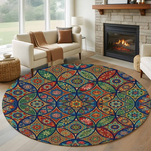 Bohemian Colorful Floral Round Living Room Rugs 6 ft, Boho Tribal Ethnic Abstract Geometric Flower Washable Area Rug with Non-Slip Sturdy Edge Binding Round Carpet for Kitchen Office Bedroom