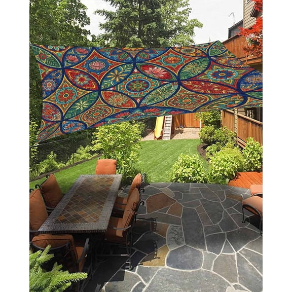 Bohemian Colorful Floral Sun Shade Sail 6.5'X10' Boho Tribal Ethnic Abstract Geometric Flower UV Block Outdoor Sail Shades Breathable Waterproof Rectangular Sunshade for Patio Garden Pool Porch