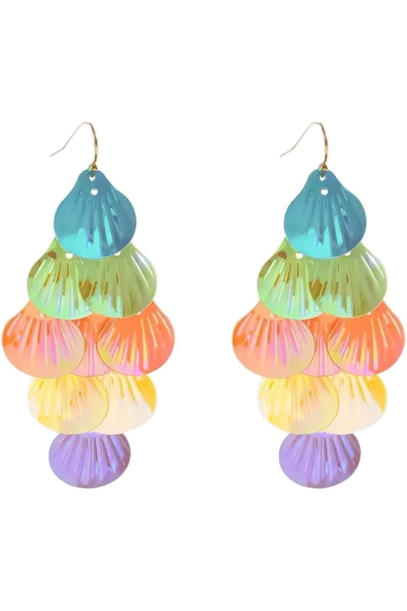 Bohemian Colorful Ocean Seashell Dangle Drop Earrings for Women Gold-Toned Long Marine Animal Tassel Dangling Fish Hook Earring Lightweitght Wedding Party Holiday Jewelry