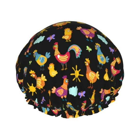 Bohemian Colorful Rooster Chick Shower Cap, Reusable Bath Hair Hat for all Hair Lengths Hair Cover with Elastic Band Double Waterproof Layers Bathing Hat