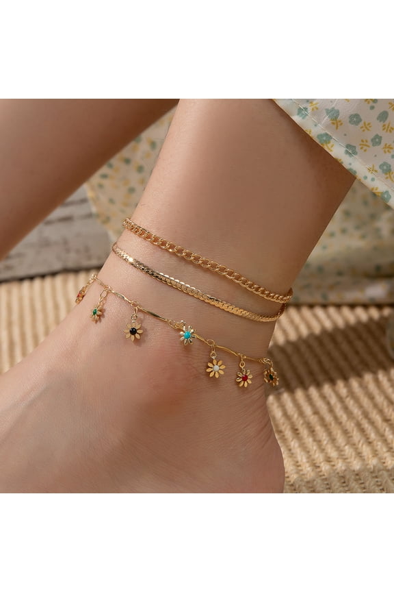 Bohemian Colorful Turkish Eyes 14K Yellow Gold Anklets for Women Butterfly Flower Small Daisy Zircon Shell Cat Ankle Bracelet Summer Beach Foot Leg Jewelry