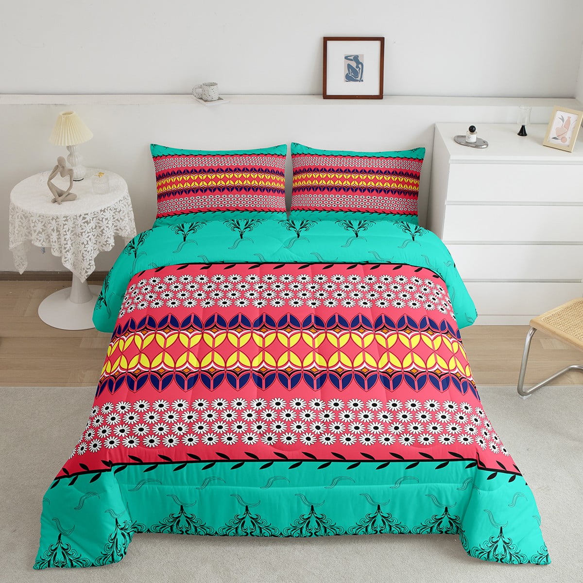 Bohemian Comforter Set Mexican Design Bedding Comforter Sets 3 Pieces,Exotic Flowers Boho ...