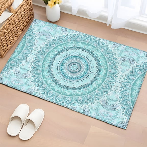 Bohemian Concentric Rings 2'x3' Rug for Entryway Front Door Kitchen Sink Area, Coastal Aqua Floral Texture Low Pile Washable Non Slip Rectangle Area Rug