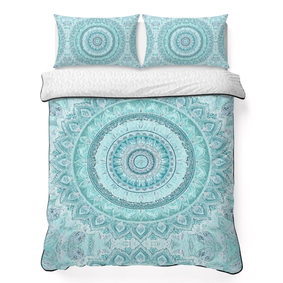 Bohemian Concentric Rings 3 Piece Quilt Bedding Set with 2 Pillow Shams, Coastal Aqua Floral Texture Lightweight Bedspread Coverlet, Soft Breathable All Season Quilt, 79 x 90 Inch