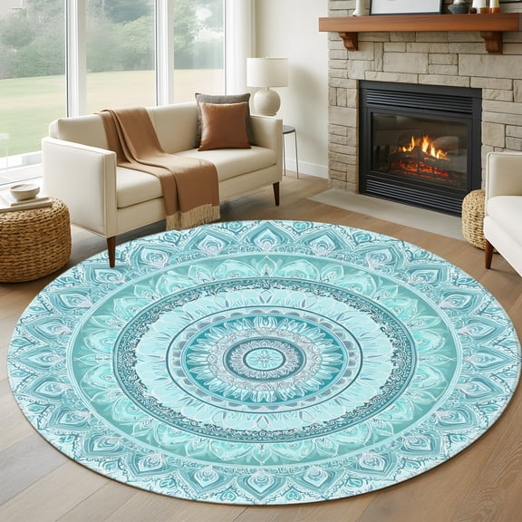 Bohemian Concentric Rings 8' Round Rug for Open Concept Living Room Seating Zone, Coastal Aqua Floral Texture Washable Non Slip Large Circle Area Rug