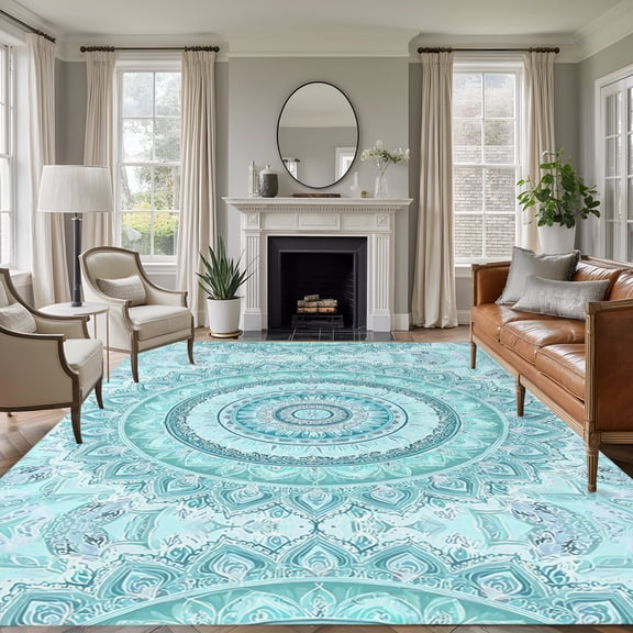 Bohemian Concentric Rings 8'x10' Large Area Rug for Living Room Sectional Sofa, Coastal Aqua Floral Texture Washable Non Slip Low Pile Rectangle Area Rug