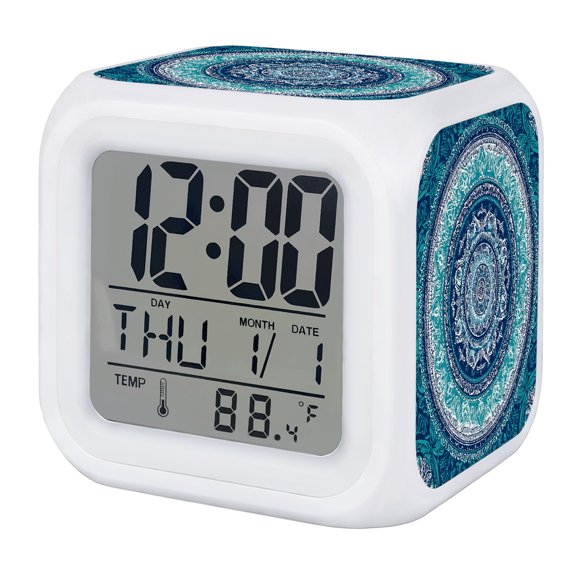 Bohemian Concentric Rings Alarm Clock, Teal Green Floral Texture Digital Clock Night Light with 7 Color, Calendar Temperature Display, LED Desk Small Clock for Bedrooms Bedside Living Room