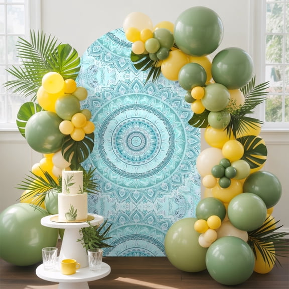 Bohemian Concentric Rings Arch Backdrop Cover, 4FT, Coastal Aqua Floral Texture Spandex Arch Covers Double-Sided Backdrop for Wedding Birthday Party Photo Background Decoration