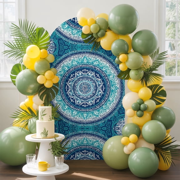 Bohemian Concentric Rings Arch Backdrop Cover, 4FT, Teal Green Floral Texture Spandex Arch Covers Double-Sided Backdrop for Wedding Birthday Party Photo Background Decoration