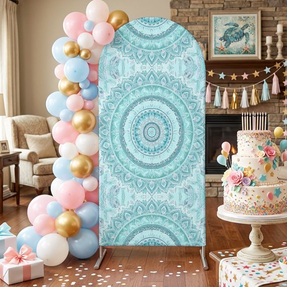 Bohemian Concentric Rings Arch Backdrop Covers 4 FT, Coastal Aqua Floral Texture Stretchy Fitted Arched Stand Covers Party Arch Stand Cover Photo Booth for Wedding Birthday Decor