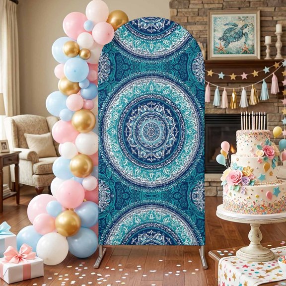 Bohemian Concentric Rings Arch Backdrop Covers 4 FT, Teal Green Floral Texture Stretchy Fitted Arched Stand Covers Party Arch Stand Cover Photo Booth for Wedding Birthday Decor