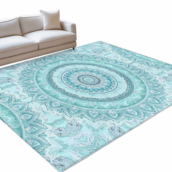 Bohemian Concentric Rings Area Rug, Coastal Aqua Floral Texture Non-Slip Felt Rubber Backing Rectangle Indoor Carpet Washable Rugs for Living Room Bedroom 9x12