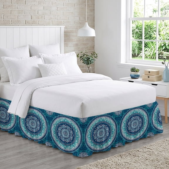 Bohemian Concentric Rings Bed Skirt California King Size 16 Inch Drop, Teal Green Floral Texture Adjustable Elastic Dust Ruffles Bedskirt Wrap Around Pleated Mattress Frame Cover