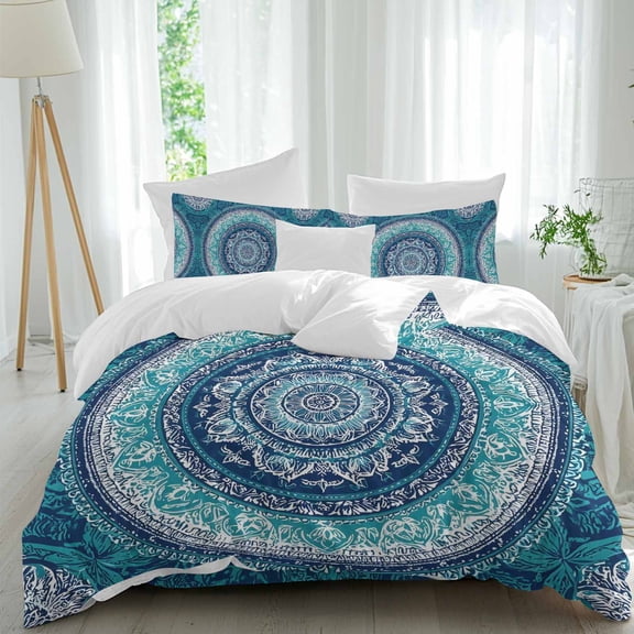 Bohemian Concentric Rings Bedding Duvet Cover Set Queen Size 4 Pieces, Teal Green Floral Texture Bedding Set with Zipper Closure, 1 Comforter Cover 90x90 Inches 1 Flat Sheet & 2 Pillow Cases